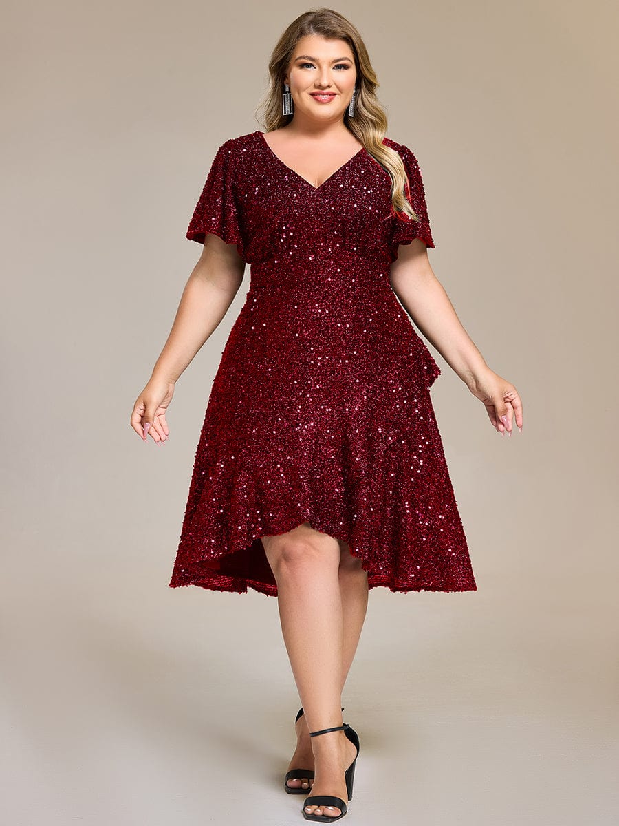 Deep V-neck Sequin Ruffle Sleeve Formal Dress #color_Burgundy