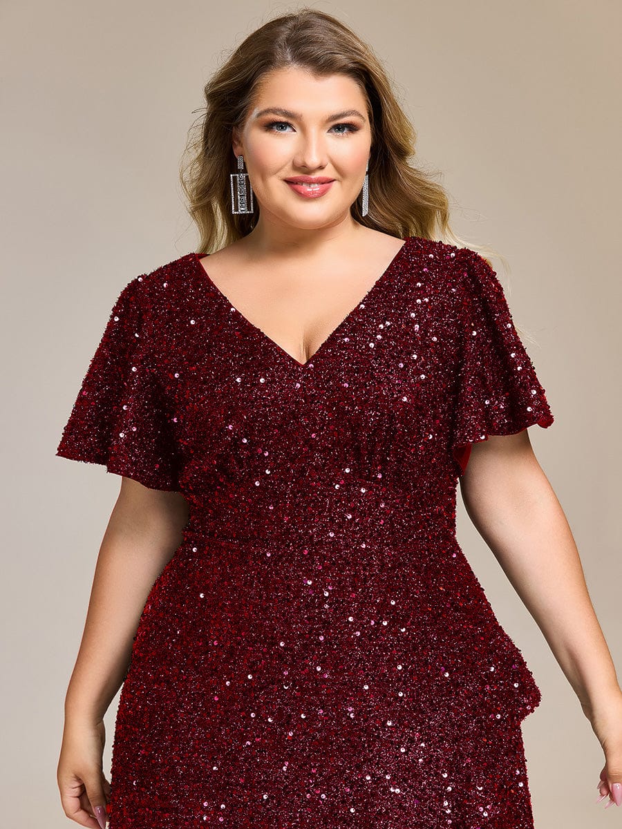 Deep V-neck Sequin Ruffle Sleeve Formal Dress #color_Burgundy