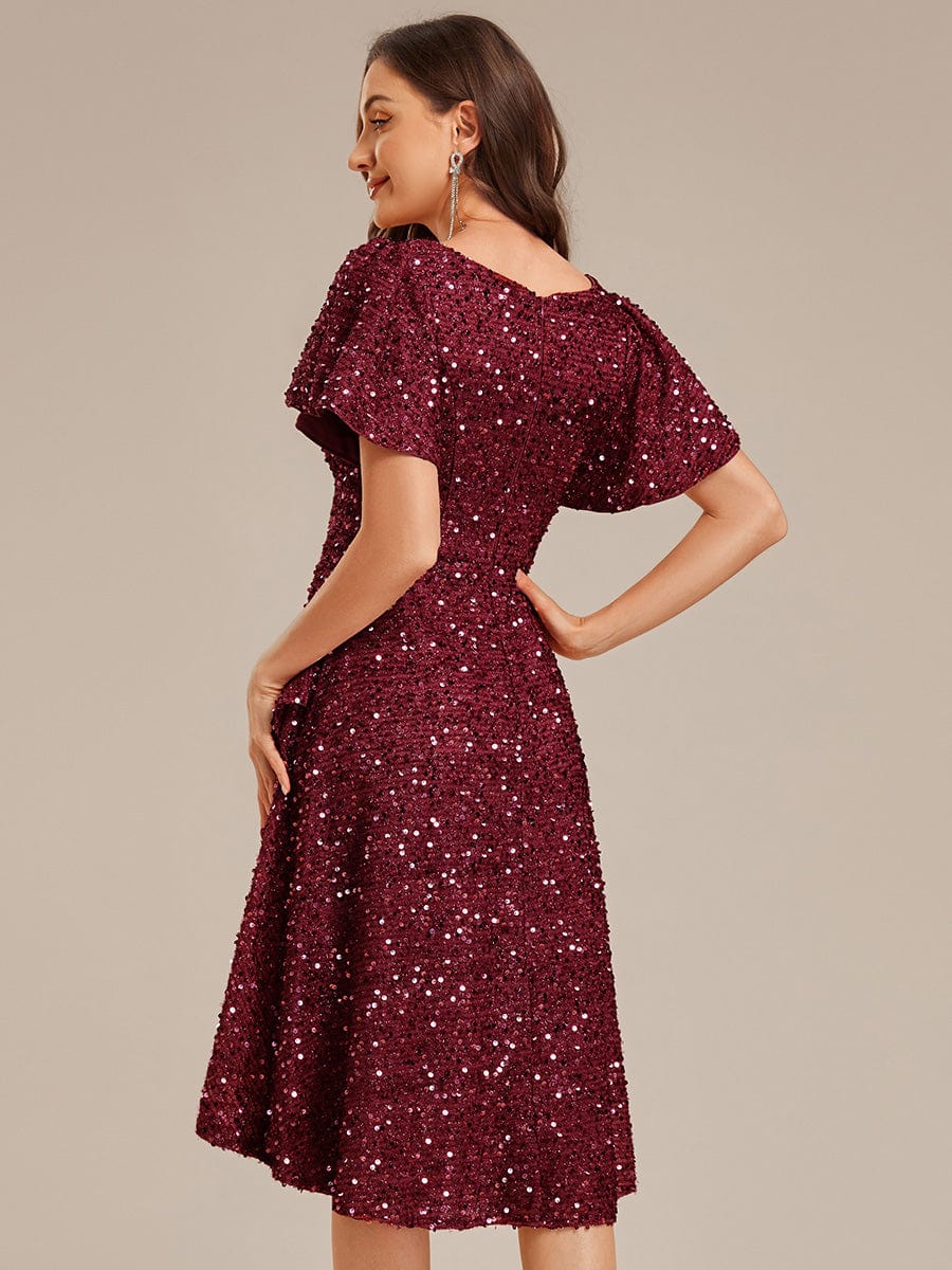 Deep V-neck Sequin Ruffle Sleeve Formal Dress #color_Burgundy