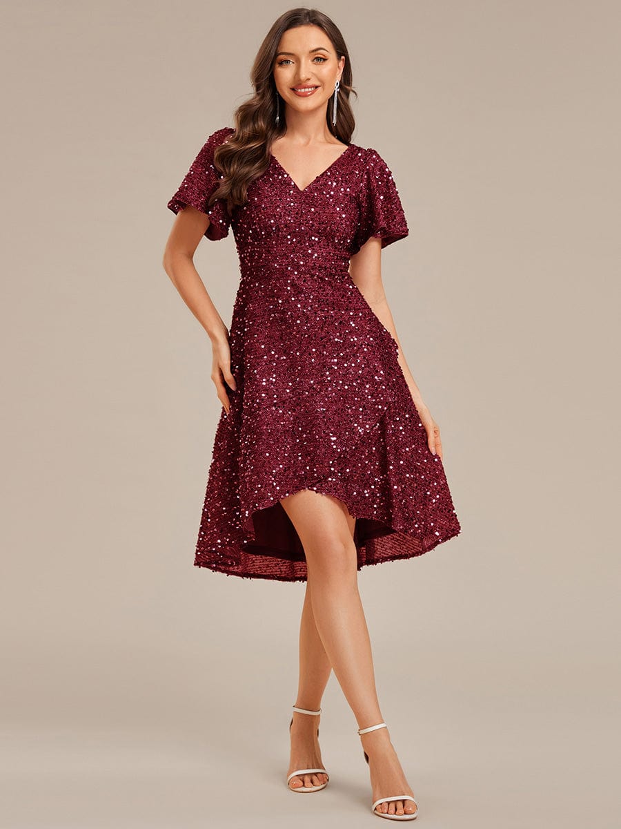 Deep V-neck Sequin Ruffle Sleeve Formal Dress #color_Burgundy