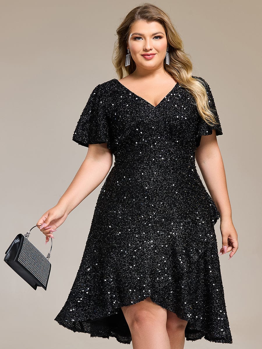 Deep V-neck Sequin Ruffle Sleeve Formal Dress #color_Black