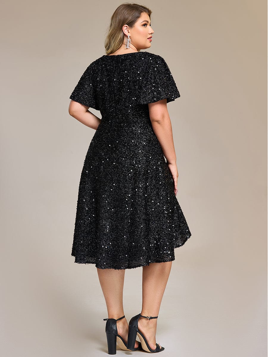 Deep V-neck Sequin Ruffle Sleeve Formal Dress #color_Black