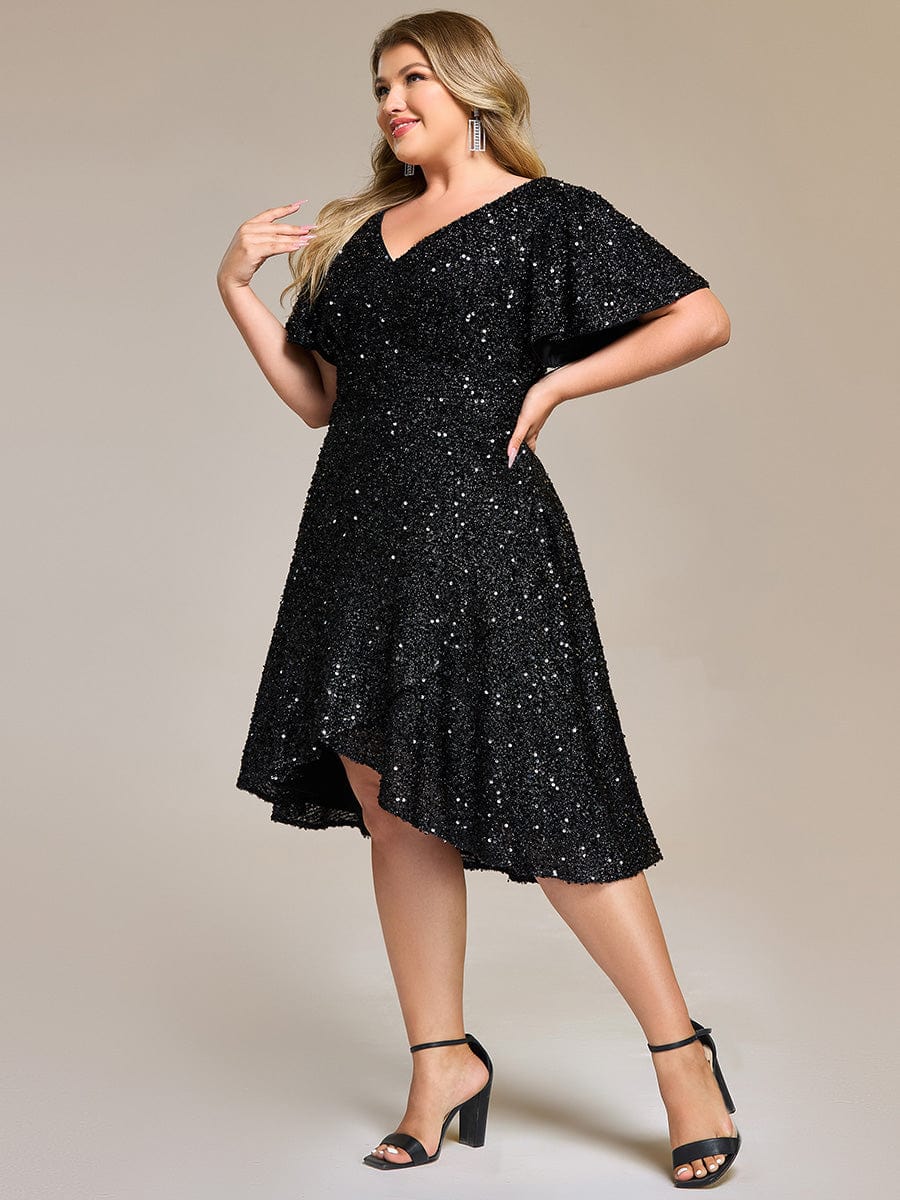 Deep V-neck Sequin Ruffle Sleeve Formal Dress #color_Black