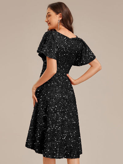 Deep V-neck Sequin Ruffle Sleeve Formal Dress #color_Black