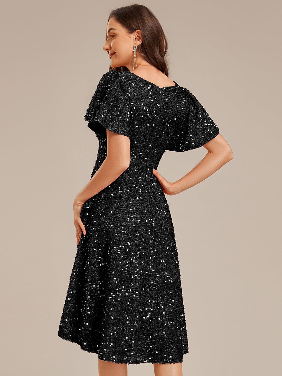 Deep V-neck Sequin Ruffle Sleeve Formal Dress #color_Black