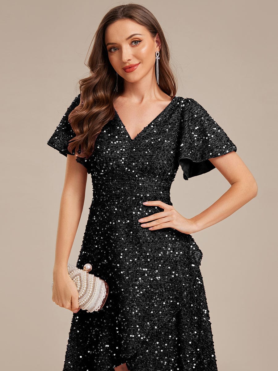 Deep V-neck Sequin Ruffle Sleeve Formal Dress #color_Black
