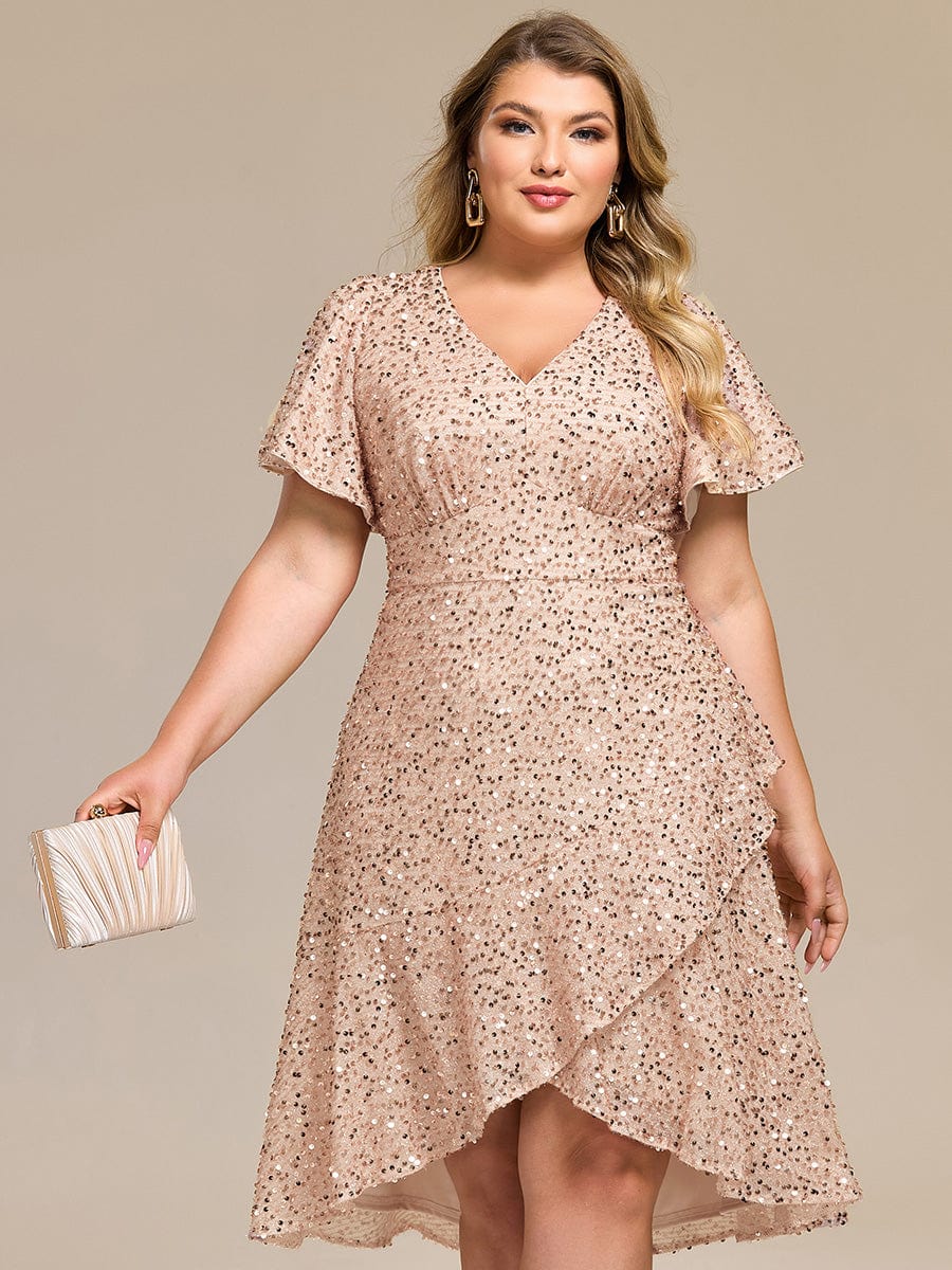 Deep V-neck Sequin Ruffle Sleeve Formal Dress #color_Champagne