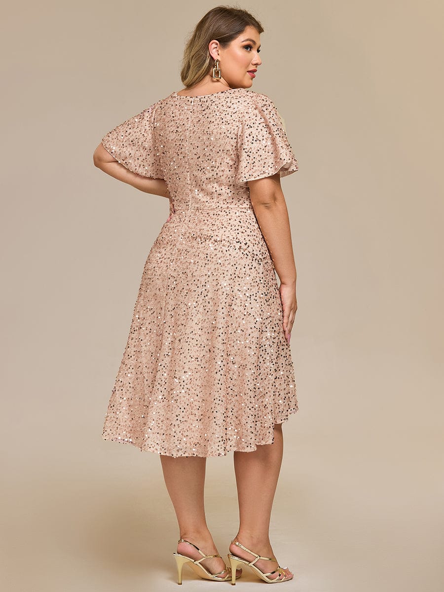 Deep V-neck Sequin Ruffle Sleeve Formal Dress #color_Champagne