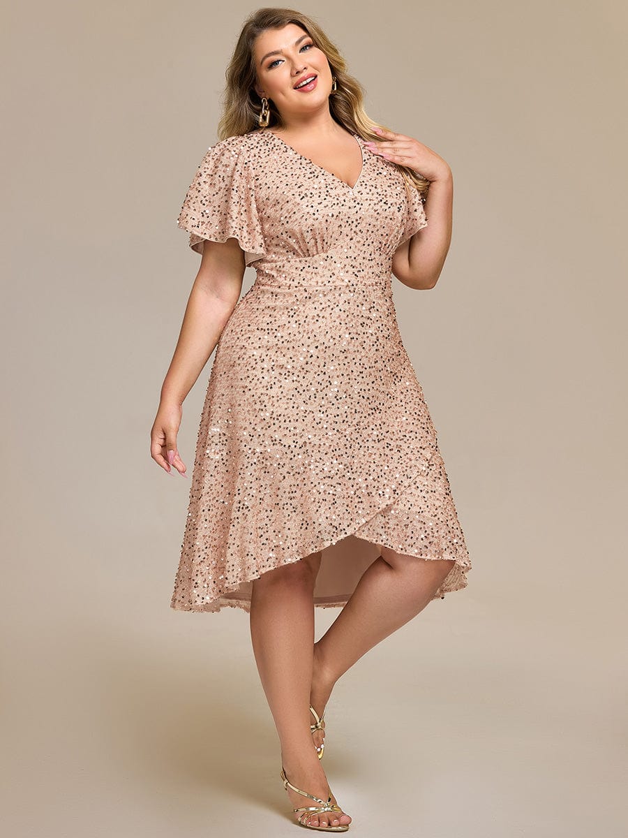 Deep V-neck Sequin Ruffle Sleeve Formal Dress #color_Champagne