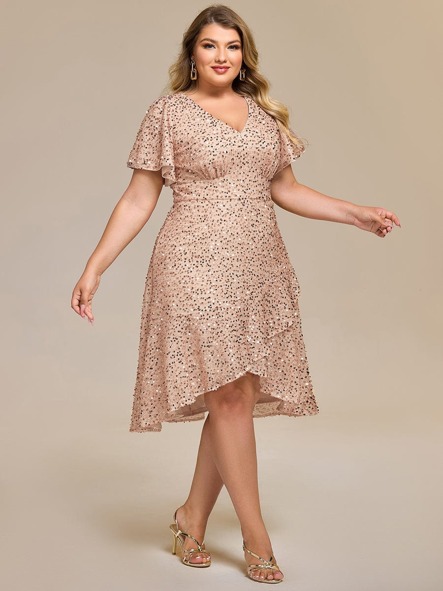 Deep V-neck Sequin Ruffle Sleeve Formal Dress #color_Champagne