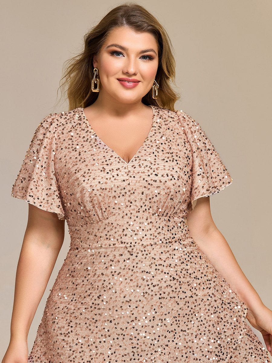 Deep V-neck Sequin Ruffle Sleeve Formal Dress #color_Champagne