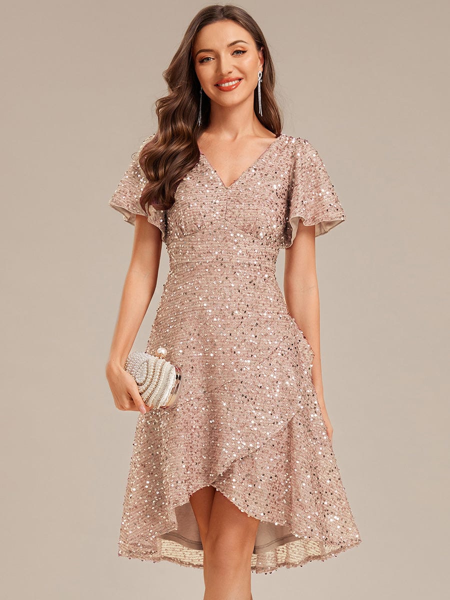 Deep V-neck Sequin Ruffle Sleeve Formal Dress #color_Champagne