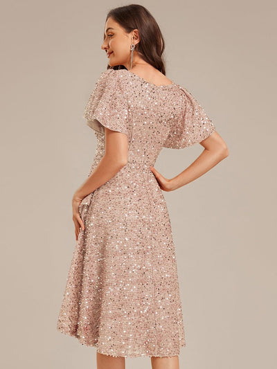 Deep V-neck Sequin Ruffle Sleeve Formal Dress #color_Champagne