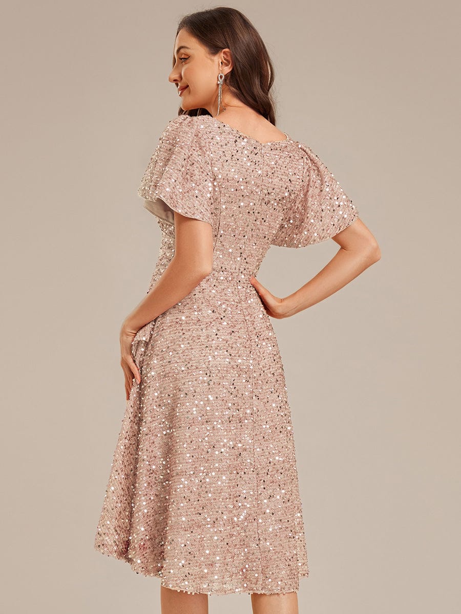 Deep V-neck Sequin Ruffle Sleeve Formal Dress #color_Champagne
