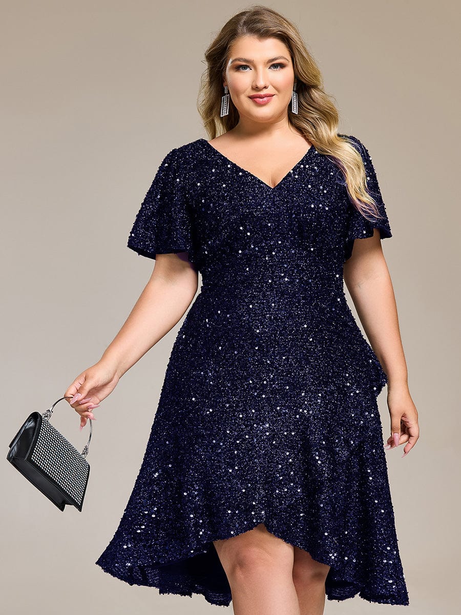 Deep V-neck Sequin Ruffle Sleeve Formal Dress #color_Navy Blue