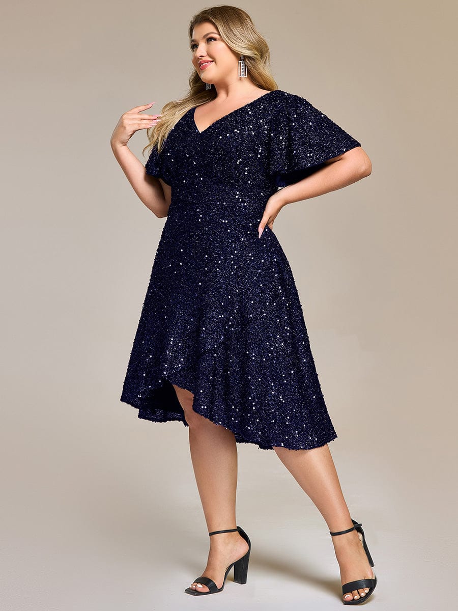 Deep V-neck Sequin Ruffle Sleeve Formal Dress #color_Navy Blue