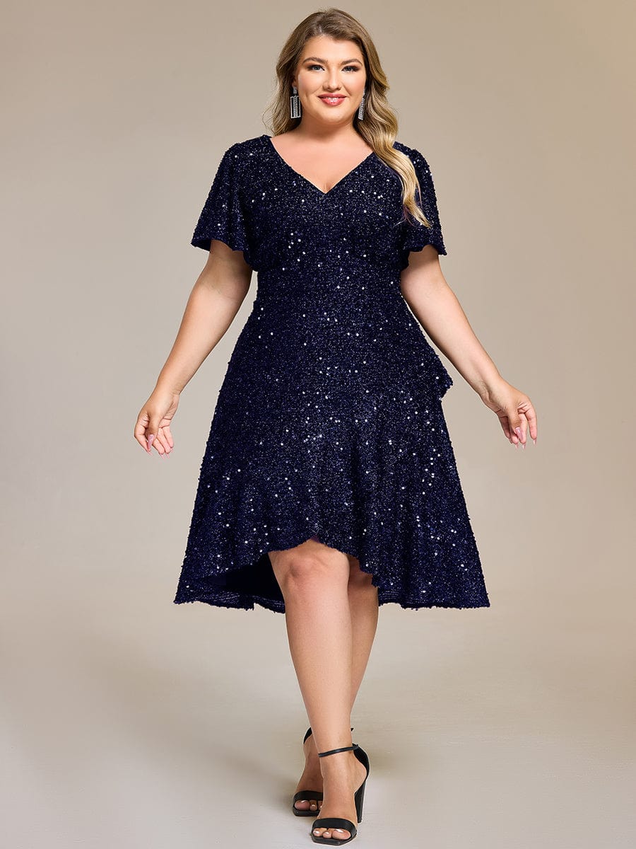 Deep V-neck Sequin Ruffle Sleeve Formal Dress #color_Navy Blue