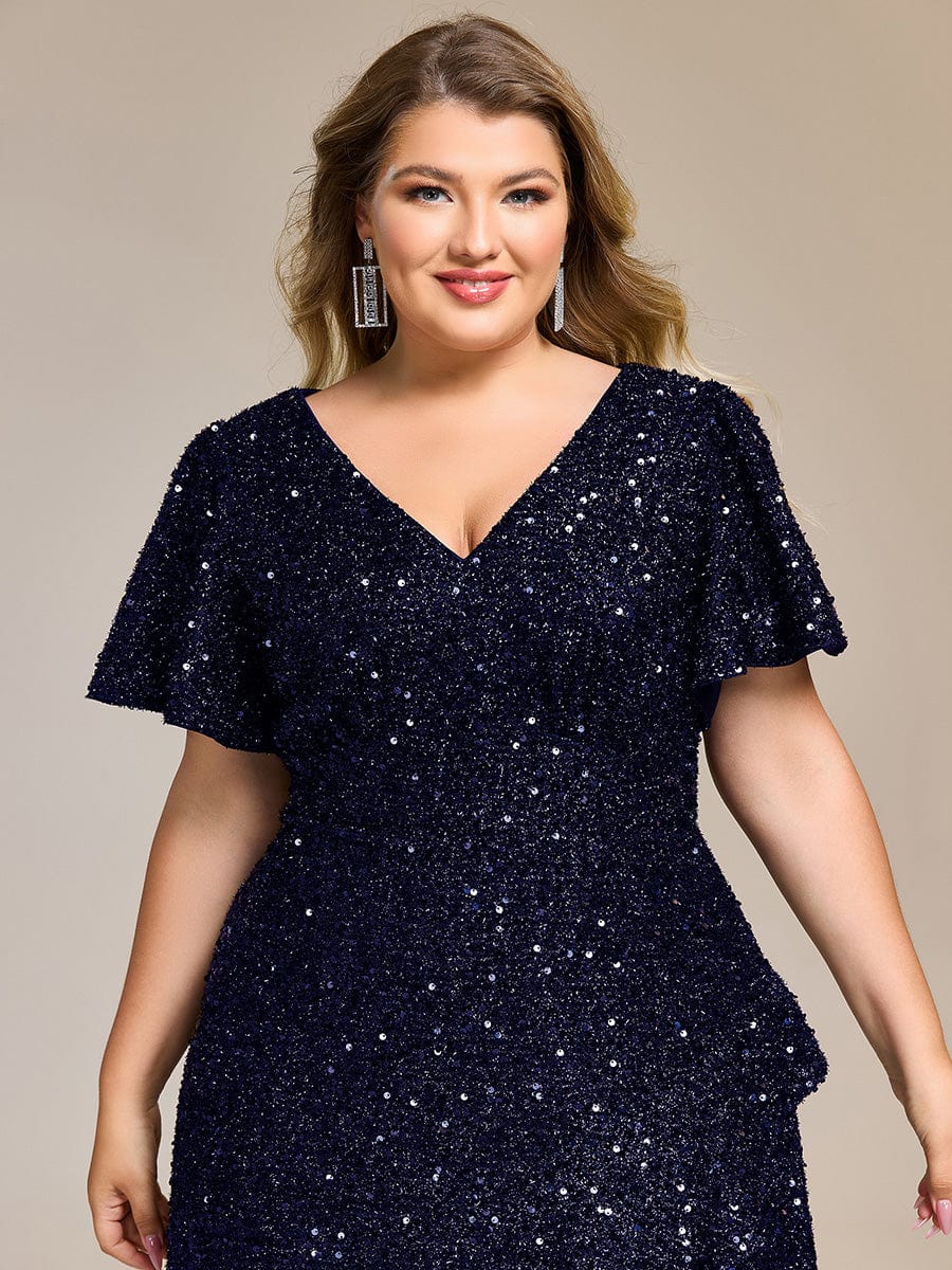 Deep V-neck Sequin Ruffle Sleeve Formal Dress #color_Navy Blue