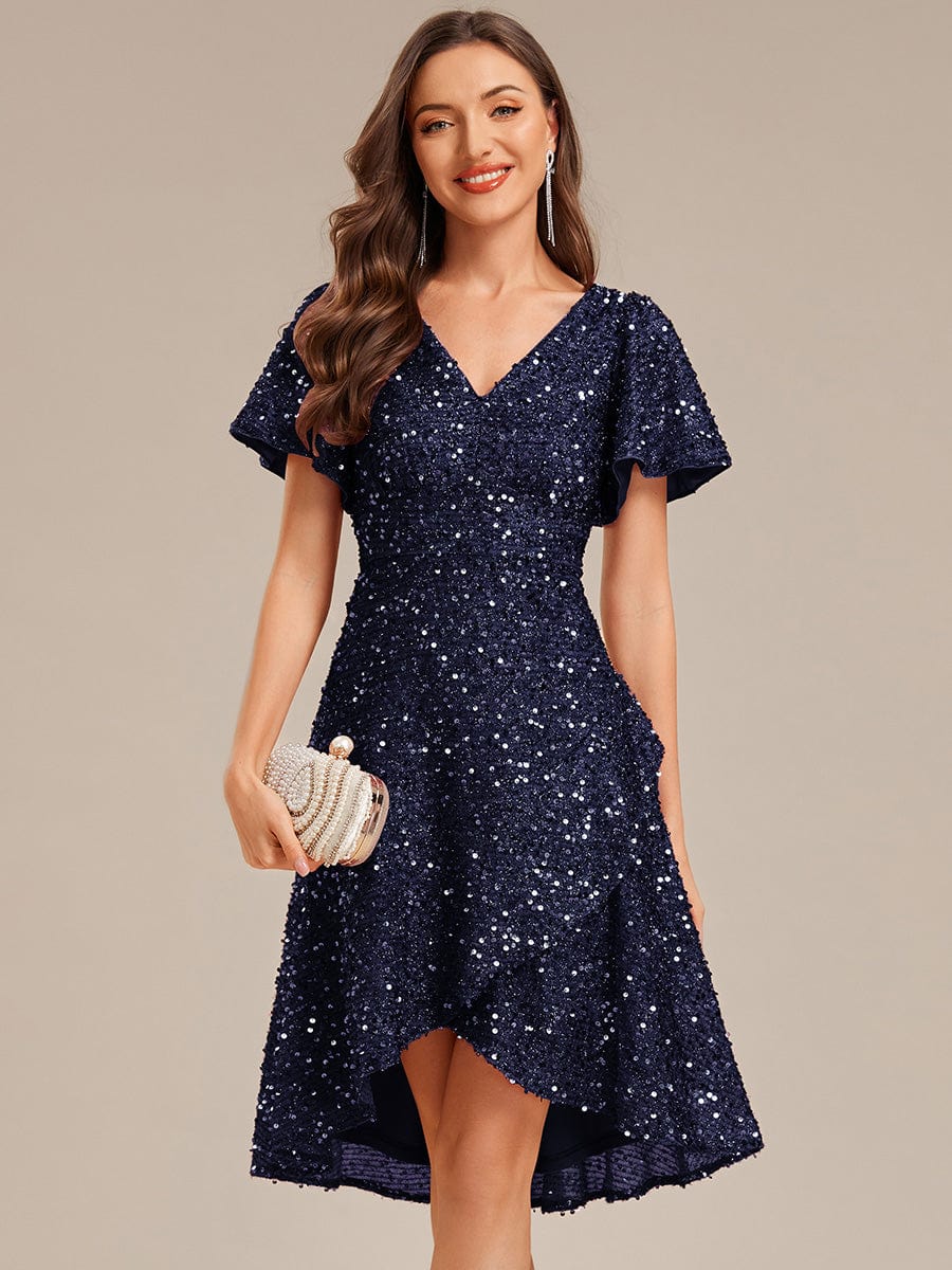 Deep V-neck Sequin Ruffle Sleeve Formal Dress #color_Navy Blue