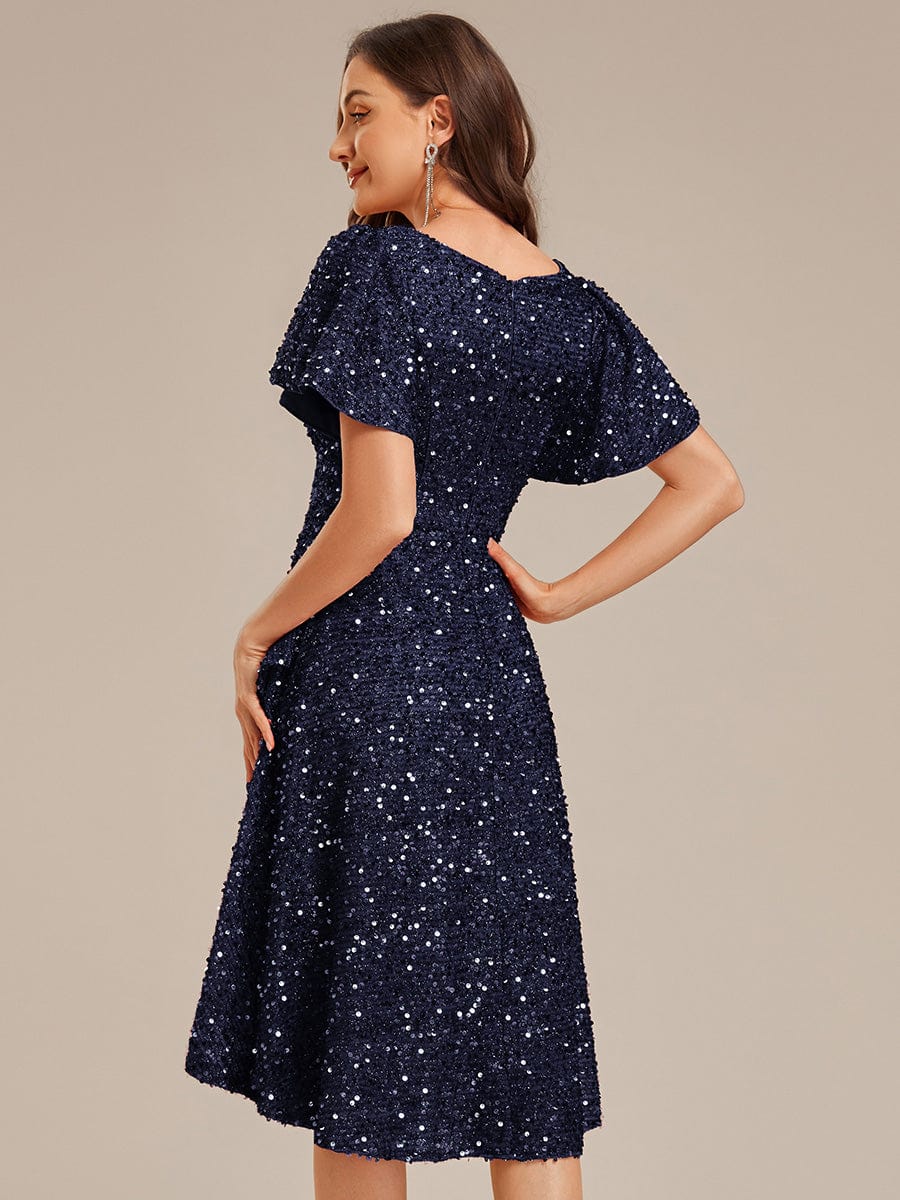 Deep V-neck Sequin Ruffle Sleeve Formal Dress #color_Navy Blue