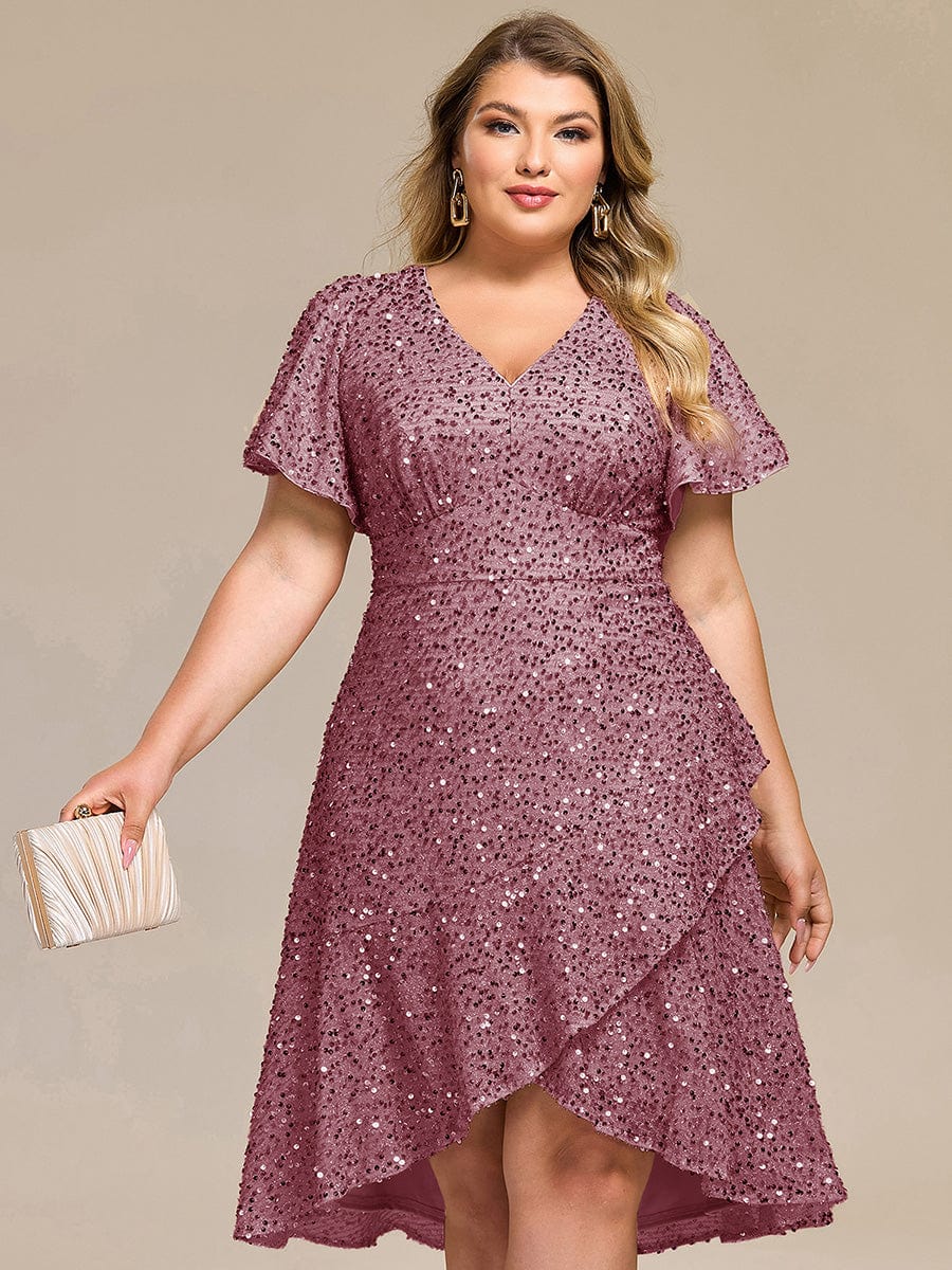Deep V-neck Sequin Ruffle Sleeve Formal Dress #color_Purple Orchid