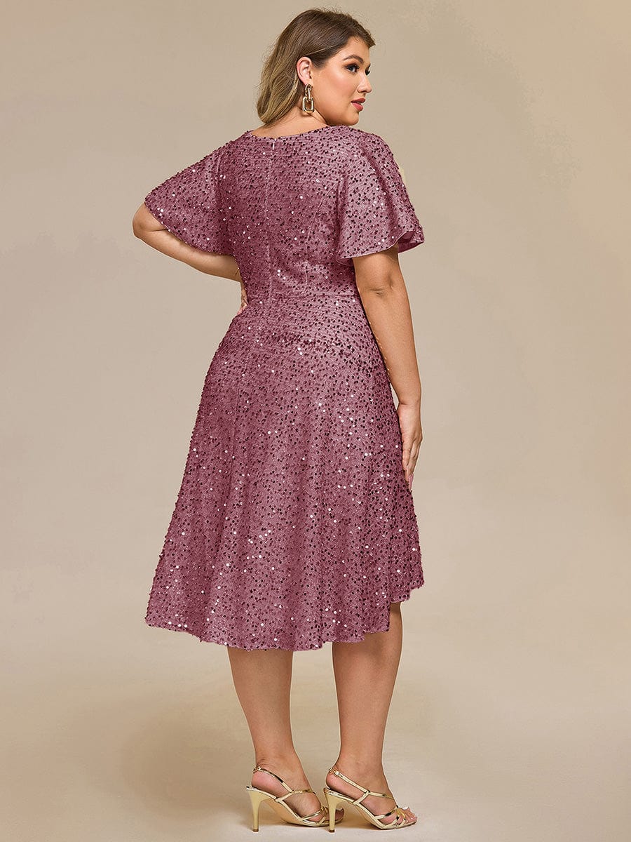 Deep V-neck Sequin Ruffle Sleeve Formal Dress #color_Purple Orchid