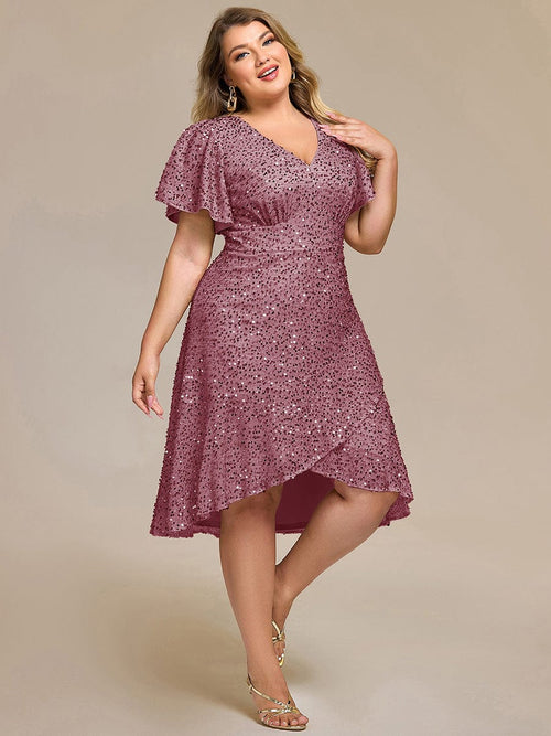 Plus V Neck Ruffle Trim Sequin Formal Dresses