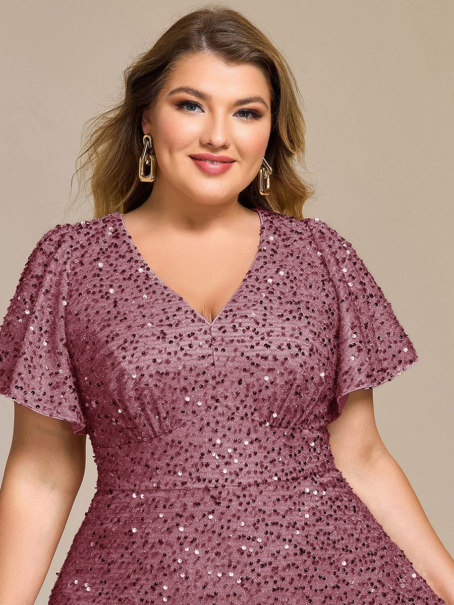 Deep V-neck Sequin Ruffle Sleeve Formal Dress #color_Purple Orchid