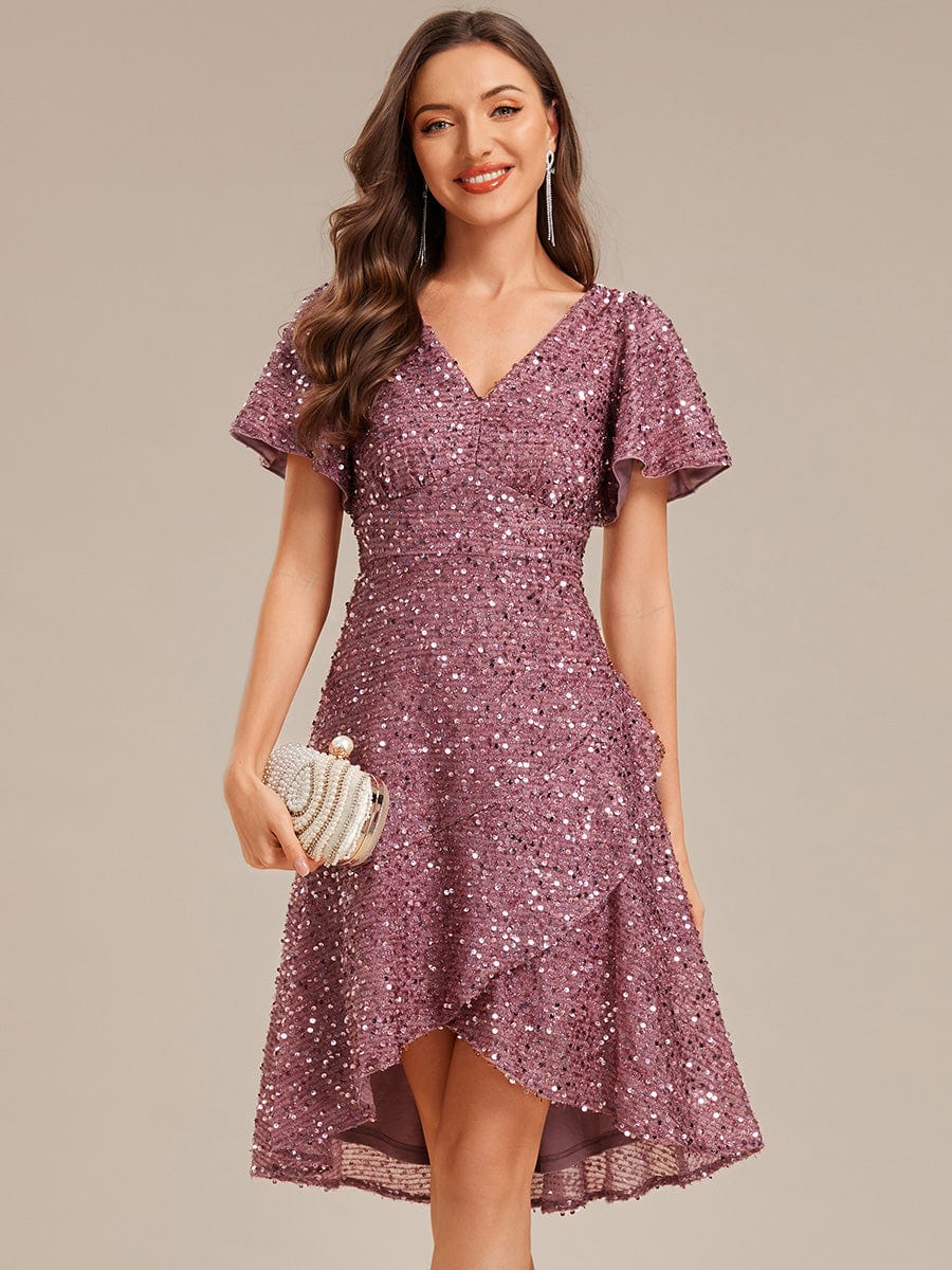 Deep V-neck Sequin Ruffle Sleeve Formal Dress #color_Purple Orchid