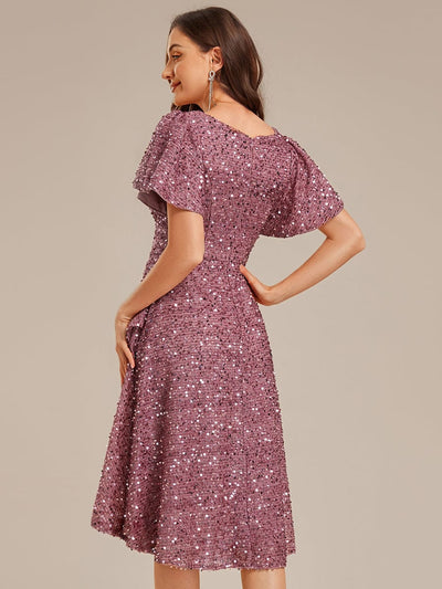 Deep V-neck Sequin Ruffle Sleeve Formal Dress #color_Purple Orchid