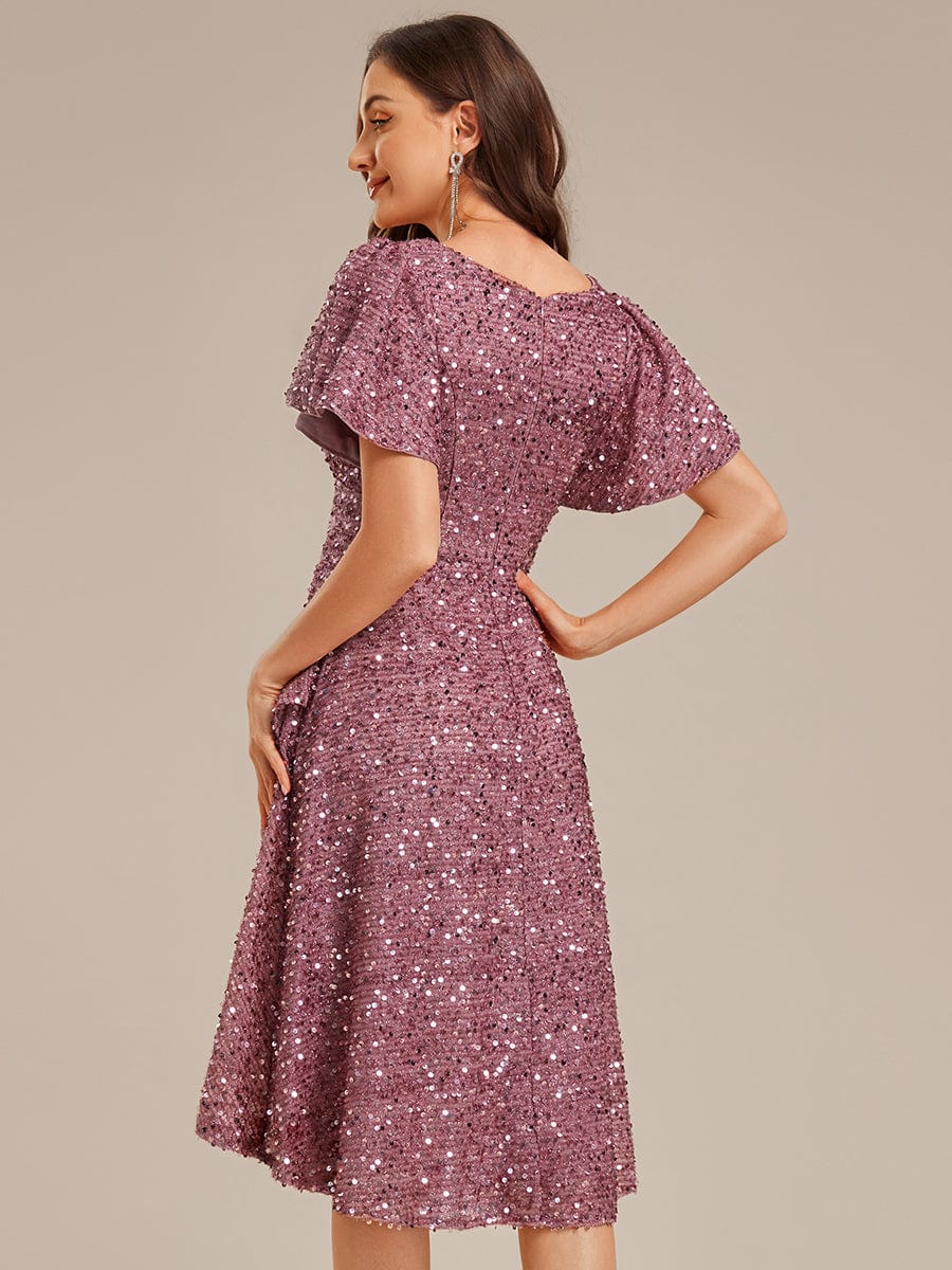 Deep V-neck Sequin Ruffle Sleeve Formal Dress #color_Purple Orchid