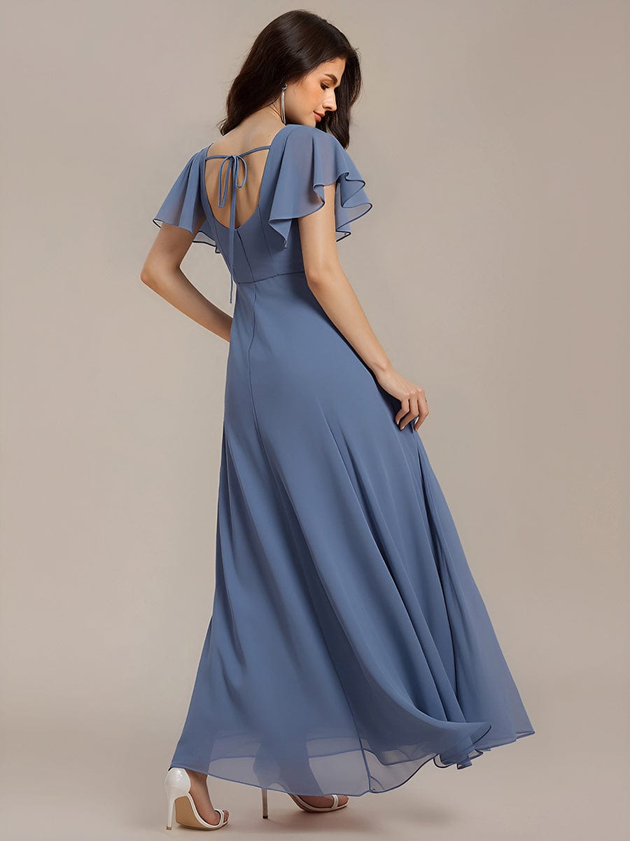 Floral Print Flutter Sleeve Side Split Maxi Formal Dresses #color_Dusty Blue