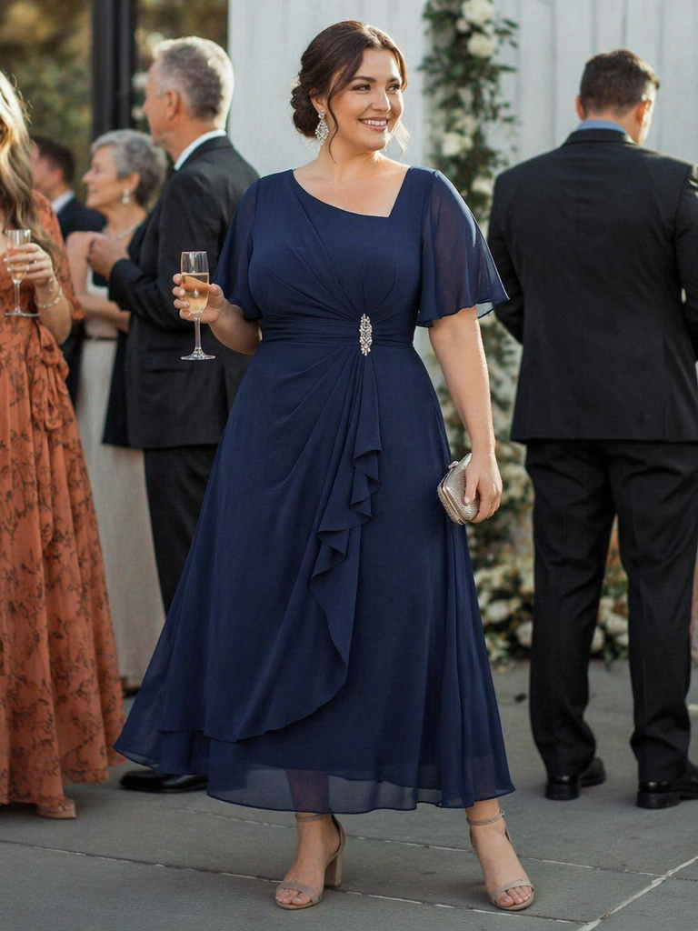 Plus Size Chiffon Ruffle Sleeve Formal Dress #color_Navy Blue