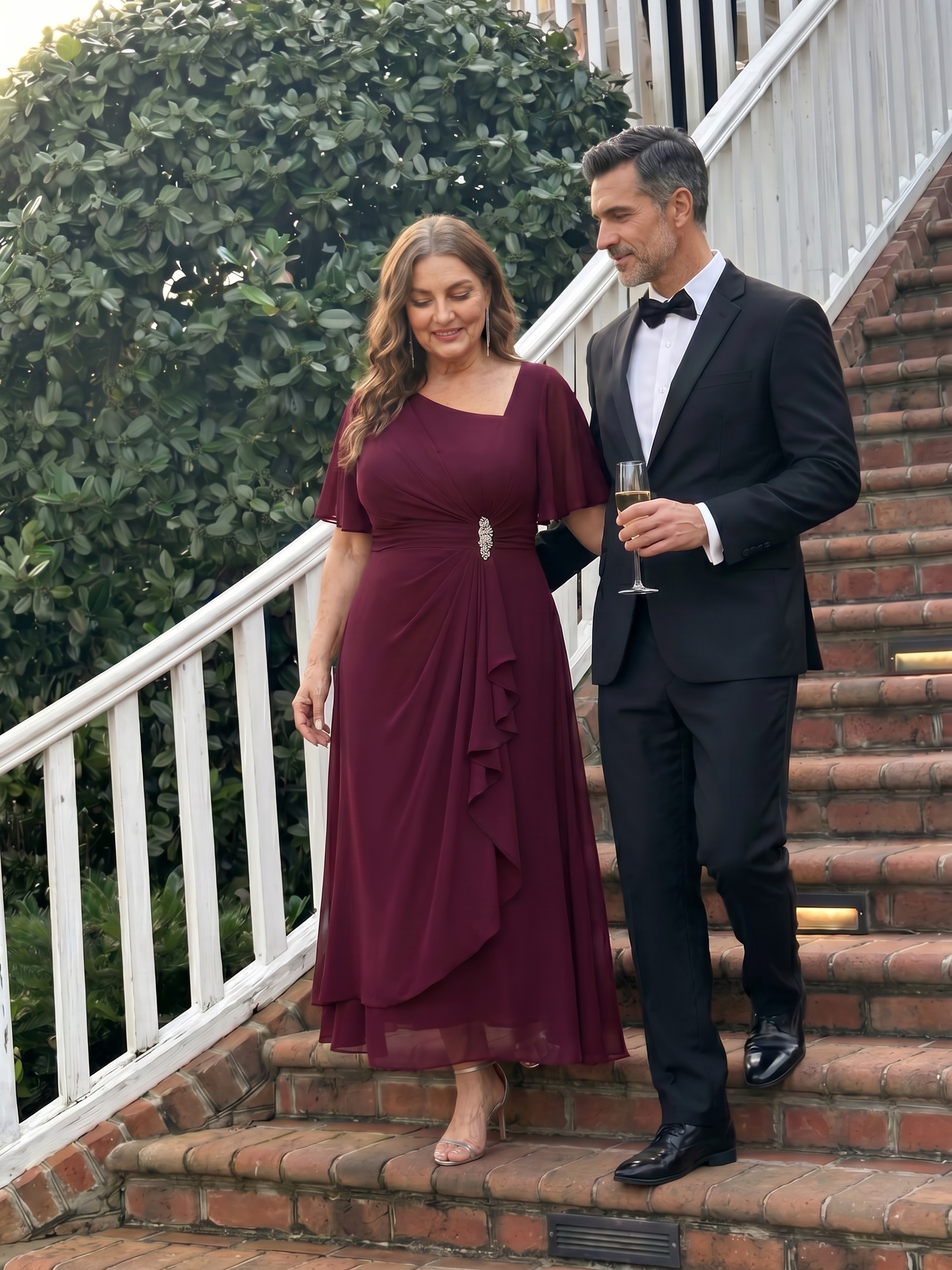 Ruffle Sleeve Chiffon Midi Mother of the Bride Dress #color_Burgundy