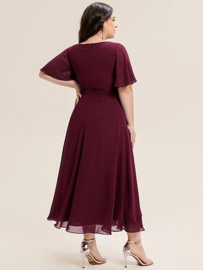 Plus Size Pleated Chiffon Ruffle Sleeve Midi Dress #color_Burgundy