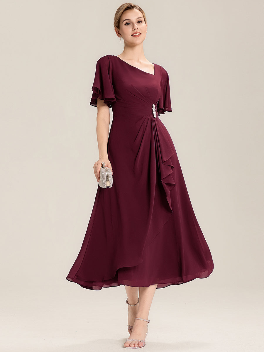 Pleated Chiffon Ruffle Sleeve Midi Dress #color_Burgundy