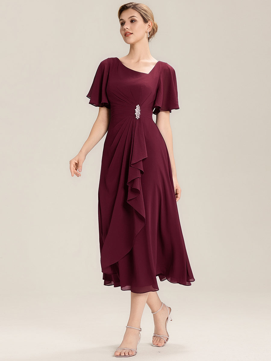 Pleated Chiffon Ruffle Sleeve Midi Dress #color_Burgundy