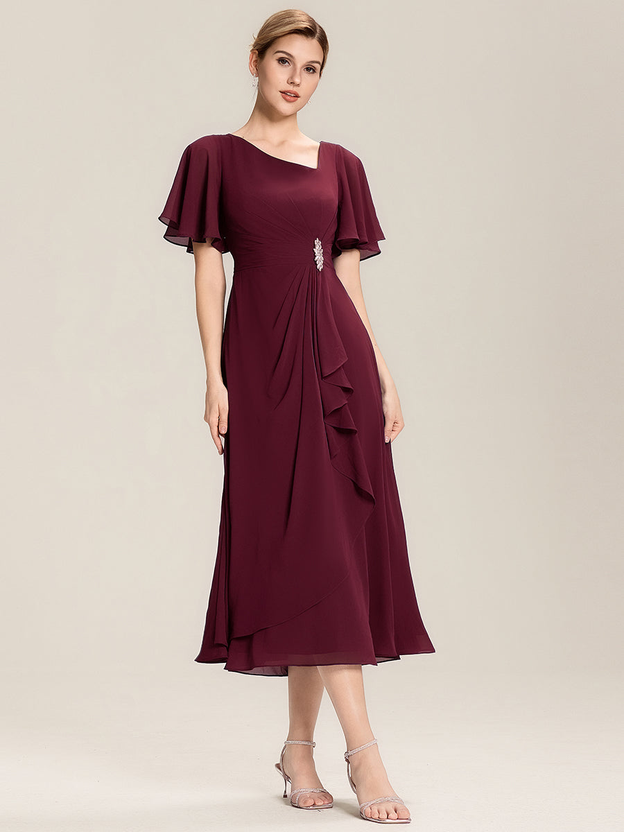 Pleated Chiffon Ruffle Sleeve Midi Dress #color_Burgundy