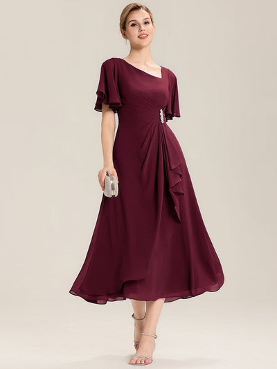 Ruffle Sleeve Chiffon Midi Mother of the Bride Dress #color_Burgundy