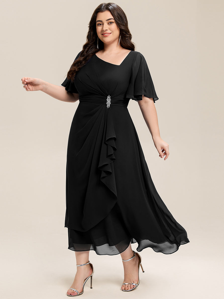 Plus Size Pleated Chiffon Ruffle Sleeve Midi Dress #color_Black