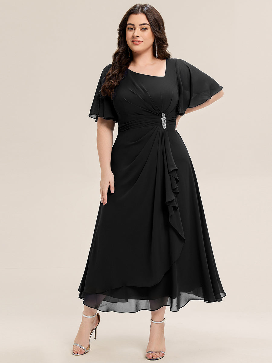 Plus Size Pleated Chiffon Ruffle Sleeve Midi Dress #color_Black