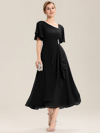Pleated Chiffon Ruffle Sleeve Midi Dress #color_Black