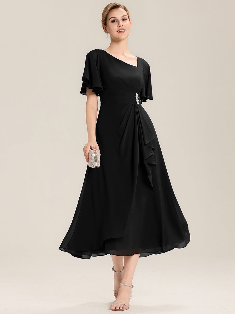 Pleated Chiffon Ruffle Sleeve Midi Dress #color_Black
