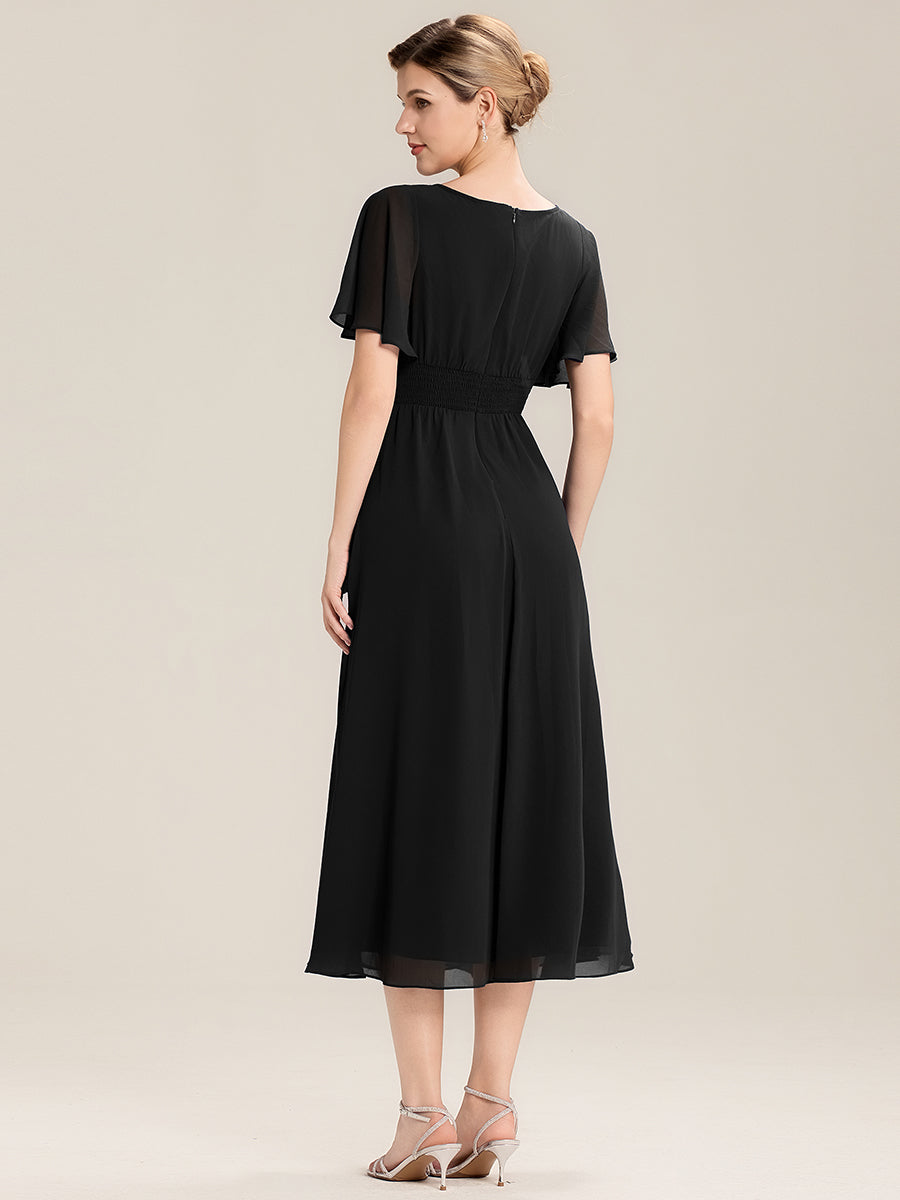 Pleated Chiffon Ruffle Sleeve Midi Dress #color_Black