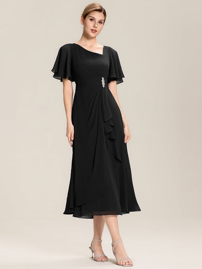Ruffle Sleeve Chiffon Midi Mother of the Bride Dress #color_Black