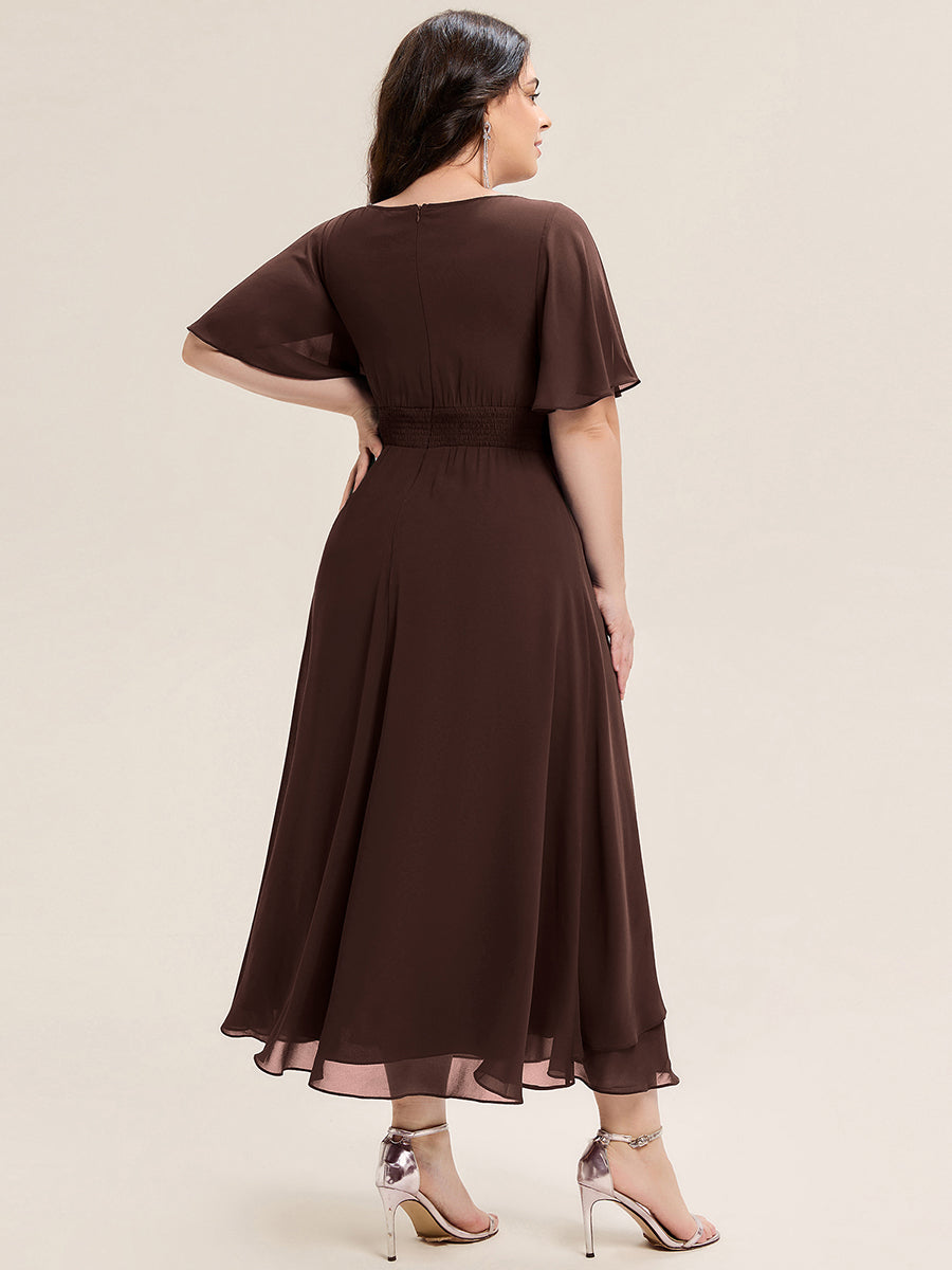Pleated Chiffon Ruffle Sleeve Midi Dress #color_Chocolate  Brown
