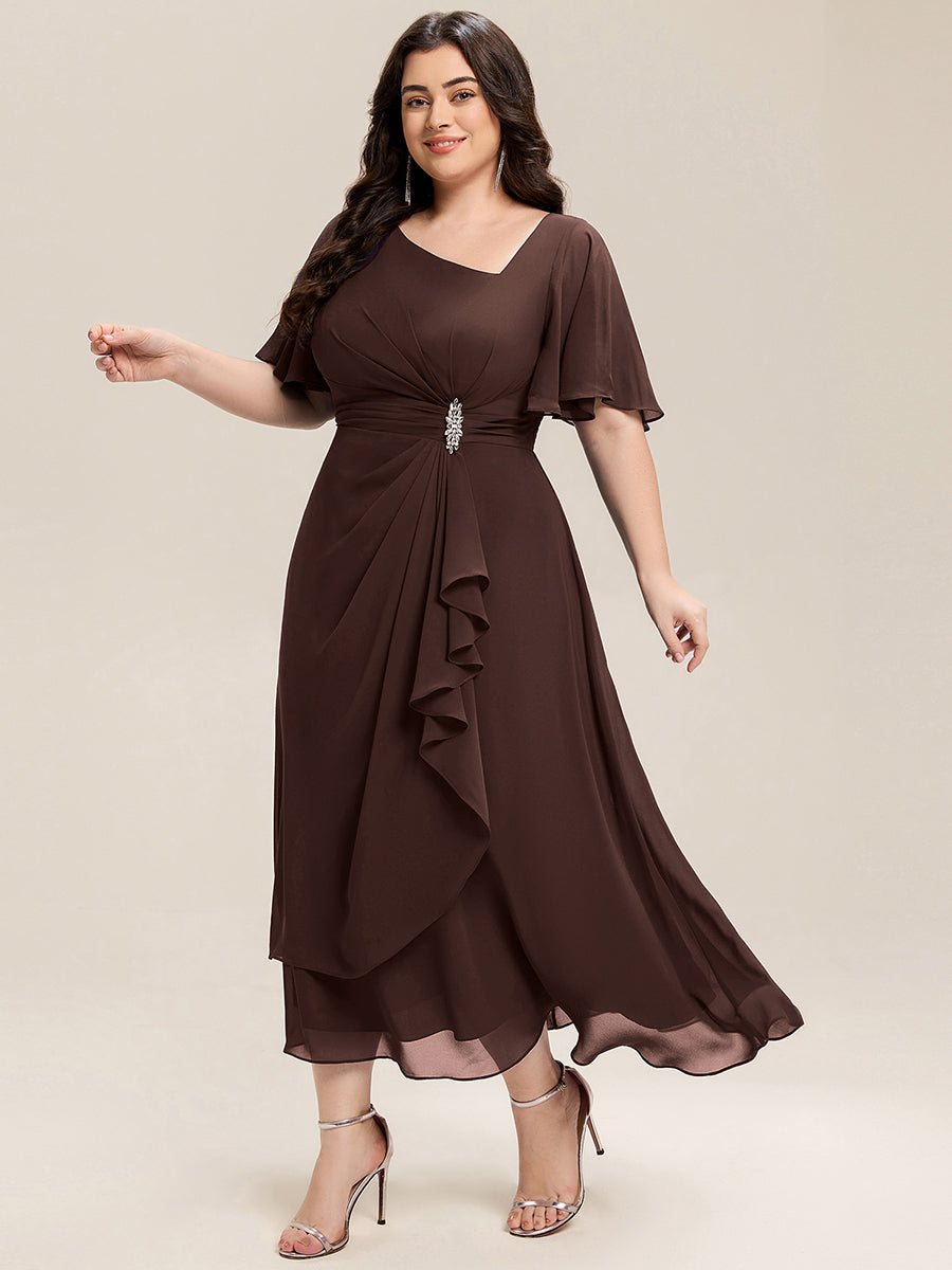 Plus Size Chiffon Ruffle Sleeve Formal Dress #color_Chocolate  Brown