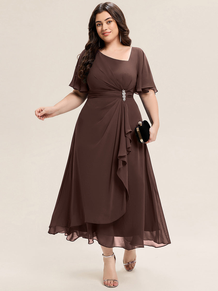 Pleated Chiffon Ruffle Sleeve Midi Dress #color_Chocolate  Brown