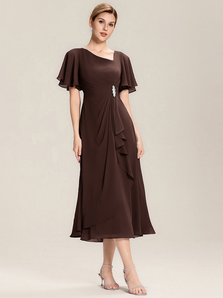 Pleated Chiffon Ruffle Sleeve Midi Dress #color_Chocolate  Brown