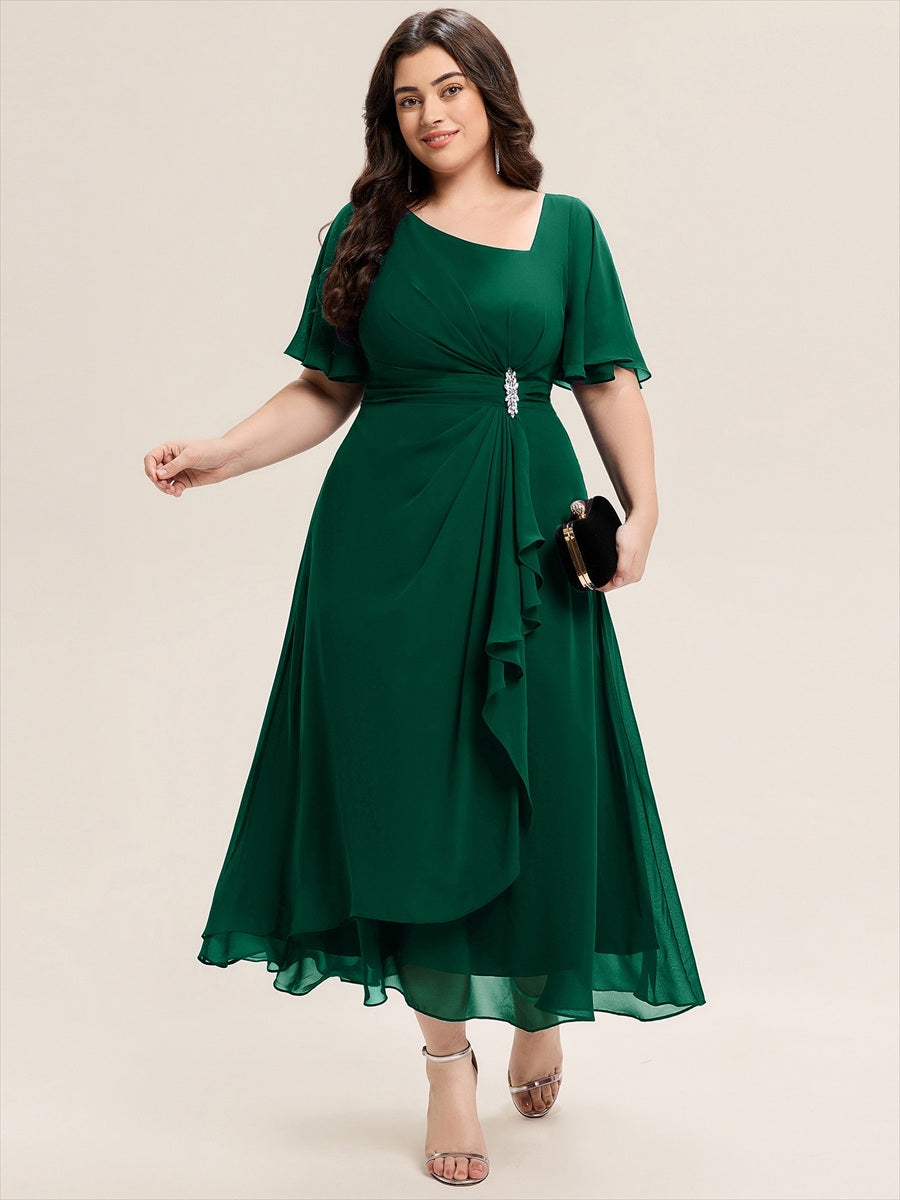 Plus Size Chiffon Ruffle Sleeve Formal Dress #color_Dark Green